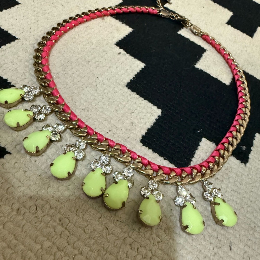 Gold and Pink Necklace with Neon Yellow pear and rhinestone accents